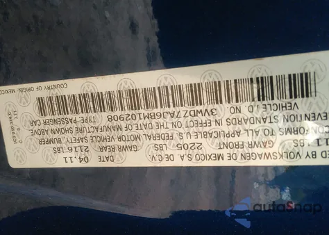 2011 Volkswagen Jetta 2.5L Se z USA, uszkodzony, nr VIN 3VWDZ7AJ6BM102908